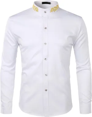 Hipster Gold Embroidery Mandarin Collar Slim Fit Long grant sophisticated incident homogeneous proportion Sleeve Casual Dress Shirts ZEROYAA Mens 