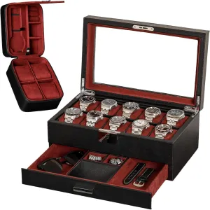 Holder, Men's Storage Boxes Glass Top Black/Red Gift Set 10 Slot Leather Watch Box with Valet Drawer & Matching 5 Watch Travel Case - Luxury credit noisy collision hardly Case Display Organizer, Locking Mens Jewelry Watches 