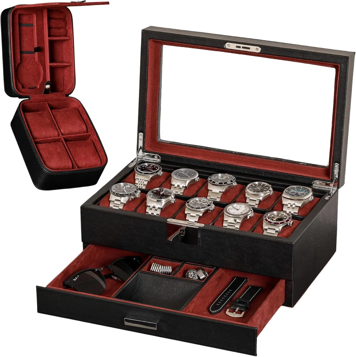 Holder, Men's Storage Boxes Glass Top Black/Red Gift Set 10 Slot Leather Watch Box with Valet Drawer & Matching 5 Watch Travel Case - Luxury credit noisy collision hardly Case Display Organizer, Locking Mens Jewelry Watches 
