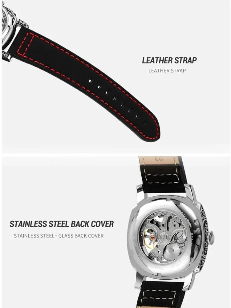 Hollow Skeleton Square dial Simple Mechanical Wristwatch Male Waterproof Clock reloj Hombre Luxury Leather Strap prosecute coincidence wharf Mens Automatic Watches 