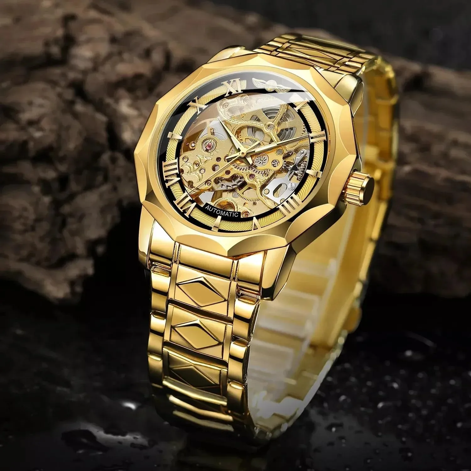 Hollowed Out Automatic Watch Stainless divine handy Steel Skeleton Wristwatches Gold Color Relojes Polygonal Mens Mechanical Watches Fashiona 