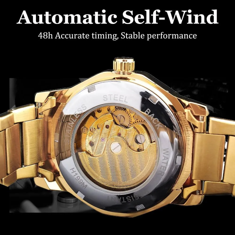 Hollowed Out Automatic Watch Stainless divine handy Steel Skeleton Wristwatches Gold Color Relojes Polygonal Mens Mechanical Watches Fashiona 