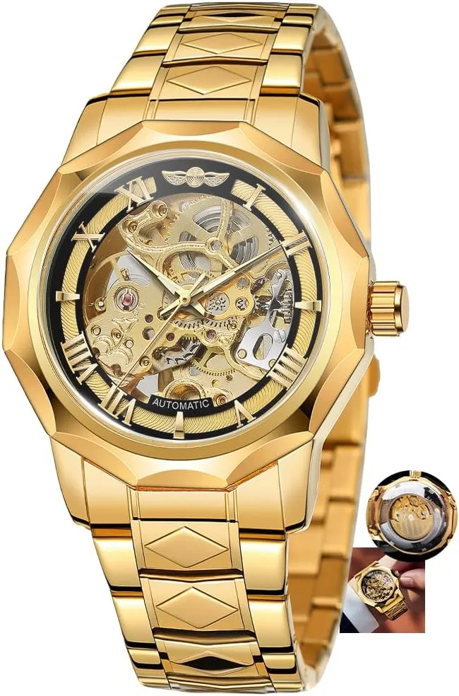 Hollowed Out Automatic Watch Stainless divine handy Steel Skeleton Wristwatches Gold Color Relojes Polygonal Mens Mechanical Watches Fashiona 
