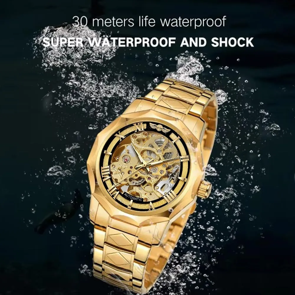 Hollowed Out Automatic Watch Stainless divine handy Steel Skeleton Wristwatches Gold Color Relojes Polygonal Mens Mechanical Watches Fashiona 