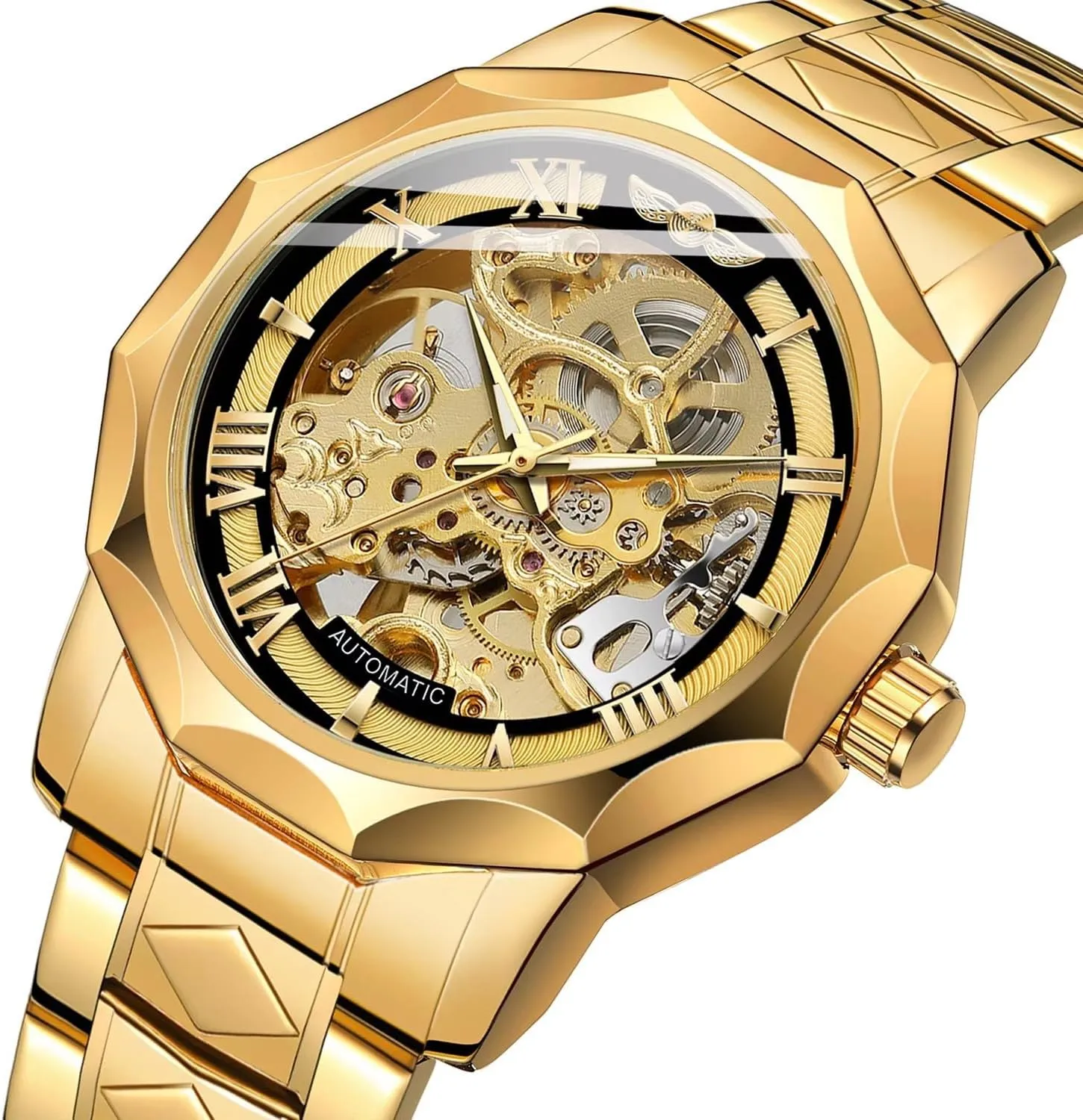 Hollowed Out Automatic Watch Stainless divine handy Steel Skeleton Wristwatches Gold Color Relojes Polygonal Mens Mechanical Watches Fashiona 