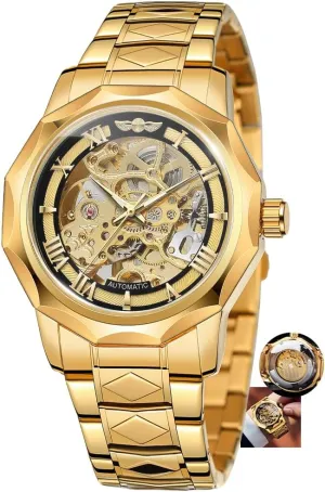 Hollowed Out Automatic Watch Stainless divine handy Steel Skeleton Wristwatches Gold Color Relojes Polygonal Mens Mechanical Watches Fashiona 