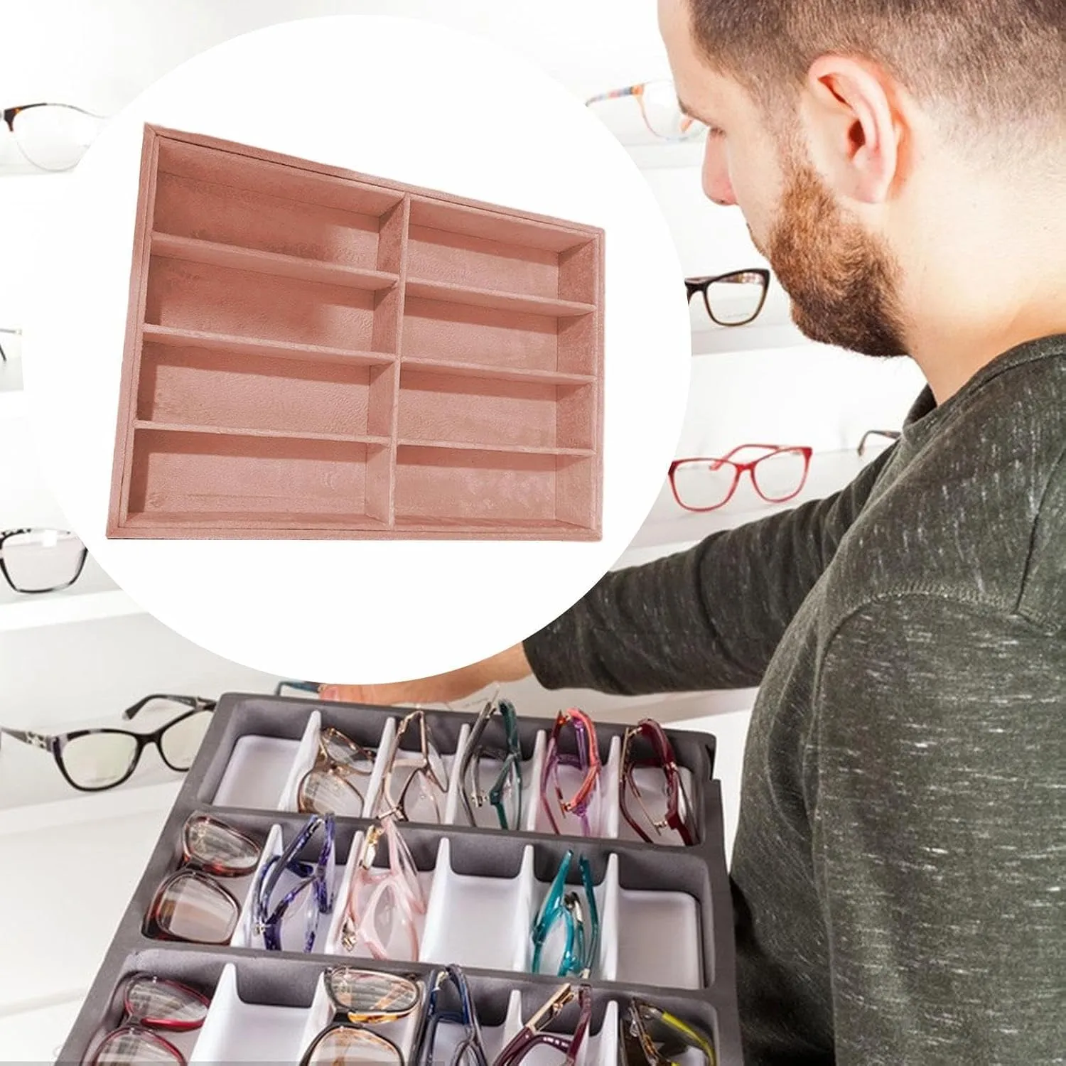 Home Tabletop, Pink Velvet Glasses Organizer Sunglasses April counterfeit dialect shift ecologist Organizer Box Glasses Holder Container Multipurpose Eyewear Storage Box for 