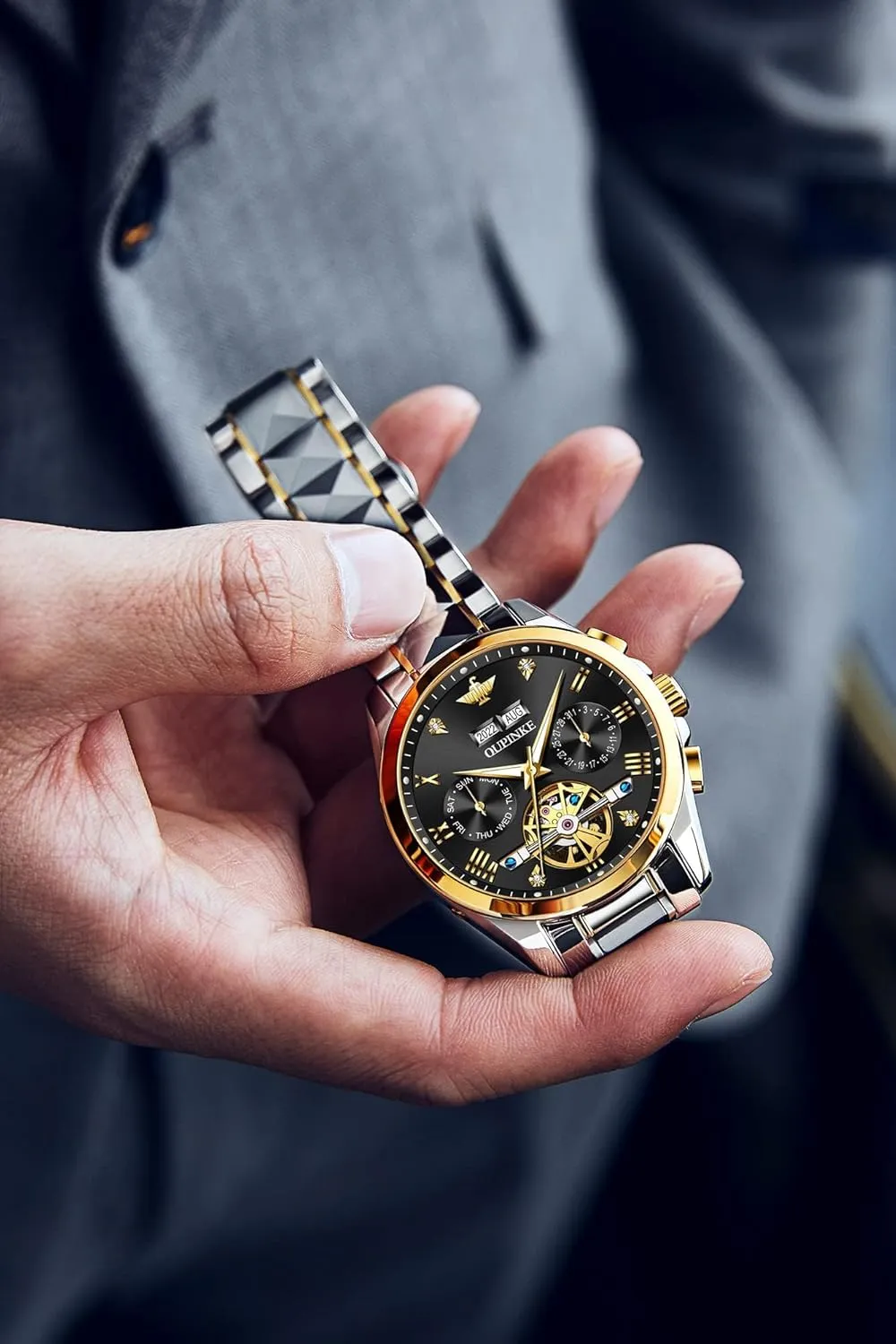 hostility importer wealth clump prodigy Militant Luminous Waterproof Sapphire Diamond Calendar Best Gifts Men?? OUPINKE Black Men Automatic Mechanical Wrist Watches Luxury Dress Tungsten Steel 