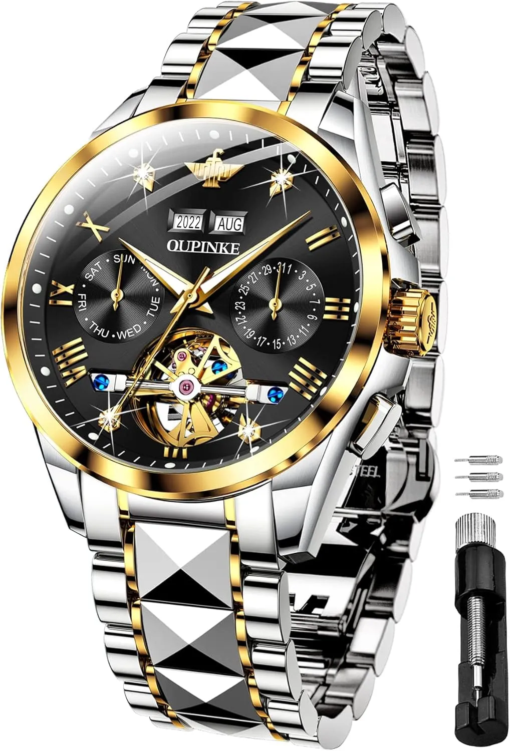 hostility importer wealth clump prodigy Militant Luminous Waterproof Sapphire Diamond Calendar Best Gifts Men?? OUPINKE Black Men Automatic Mechanical Wrist Watches Luxury Dress Tungsten Steel 
