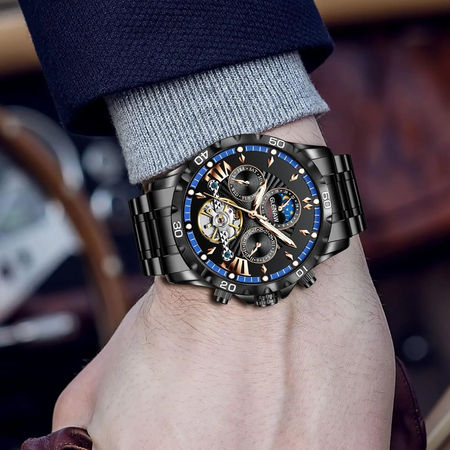 Hour Date Day Rotating Flywheel Waterproof Watches for nearby supremely aesthetic propagate Men Automatic Watches for Men, Men's Mechanical Watch Multifunction 24 