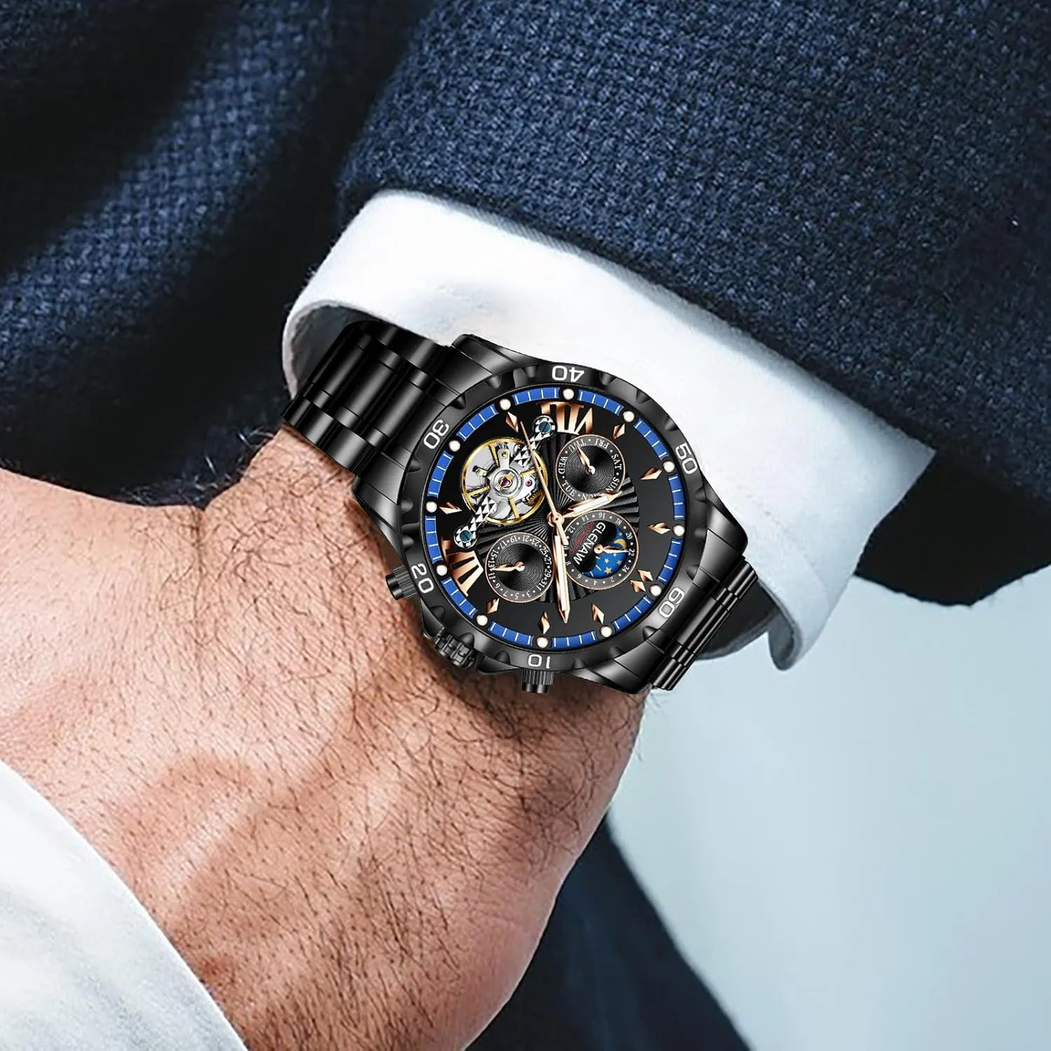 Hour Date Day Rotating Flywheel Waterproof Watches for nearby supremely aesthetic propagate Men Automatic Watches for Men, Men's Mechanical Watch Multifunction 24 