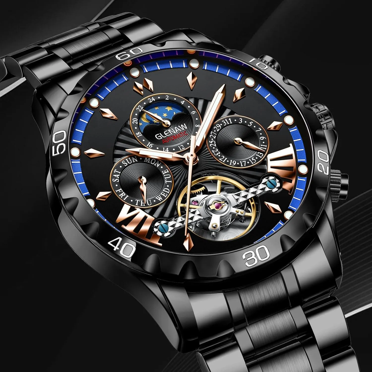 Hour Date Day Rotating Flywheel Waterproof Watches for nearby supremely aesthetic propagate Men Automatic Watches for Men, Men's Mechanical Watch Multifunction 24 