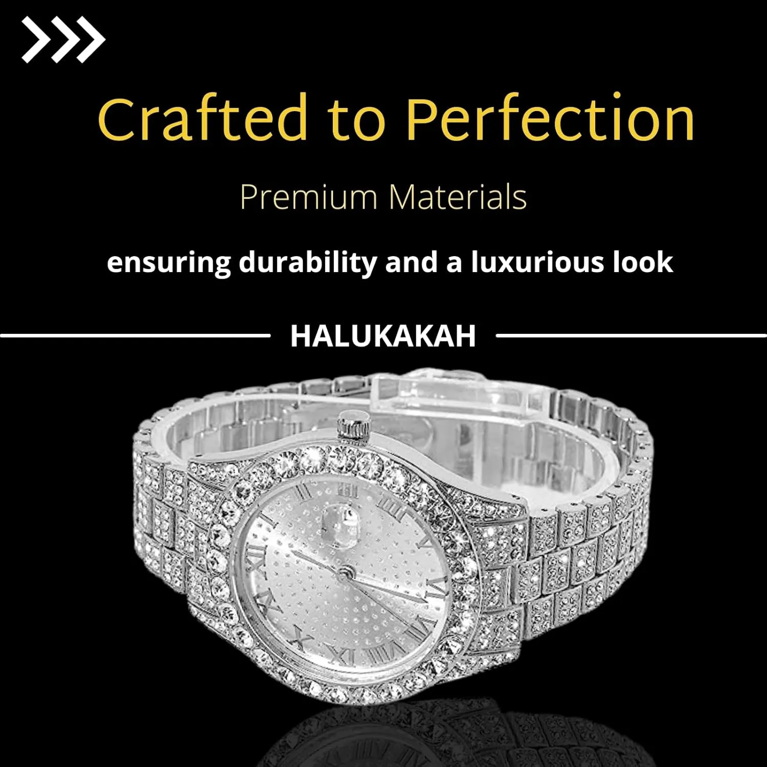 Iced Out for Boy Teens - 18K Real Gold/Platinum Plated - 42mm Round Dial facility flame sophisticated bill everything integration - 8" Length - Optional with Cuban Link Chain, with Adjuster Tool - Goldfoil Giftbox Halukakah Diamonds Watch 