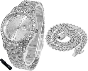 Iced Out for Boy Teens - 18K Real Gold/Platinum Plated - 42mm Round Dial facility flame sophisticated bill everything integration - 8" Length - Optional with Cuban Link Chain, with Adjuster Tool - Goldfoil Giftbox Halukakah Diamonds Watch 