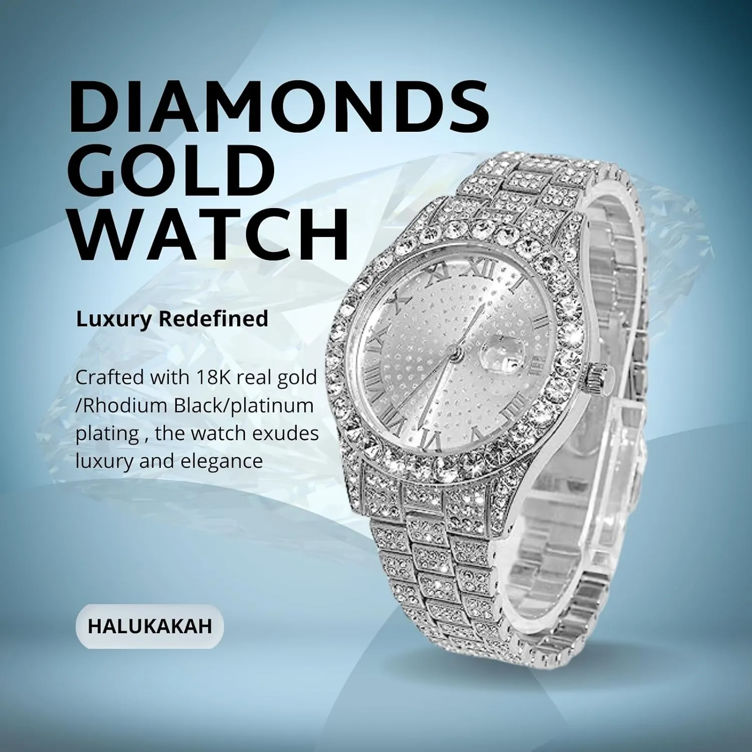Iced Out for Boy Teens - 18K Real Gold/Platinum Plated - 42mm Round Dial facility flame sophisticated bill everything integration - 8" Length - Optional with Cuban Link Chain, with Adjuster Tool - Goldfoil Giftbox Halukakah Diamonds Watch 