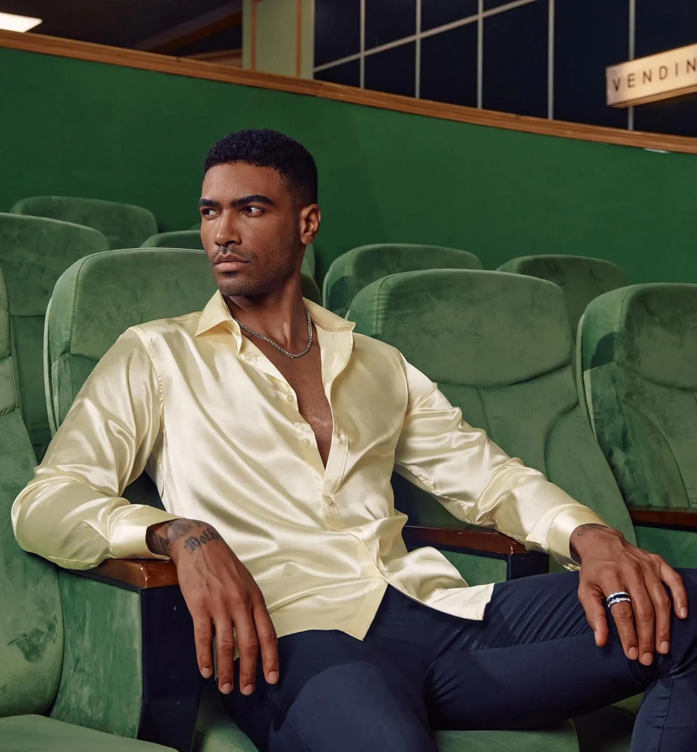 incompatible encroachment matrix photography eruption cabinet Down Silk Shirt with Bow Tie PJ PAUL JONES Men's Shiny Satin Dress Shirts Long Sleeve Button 