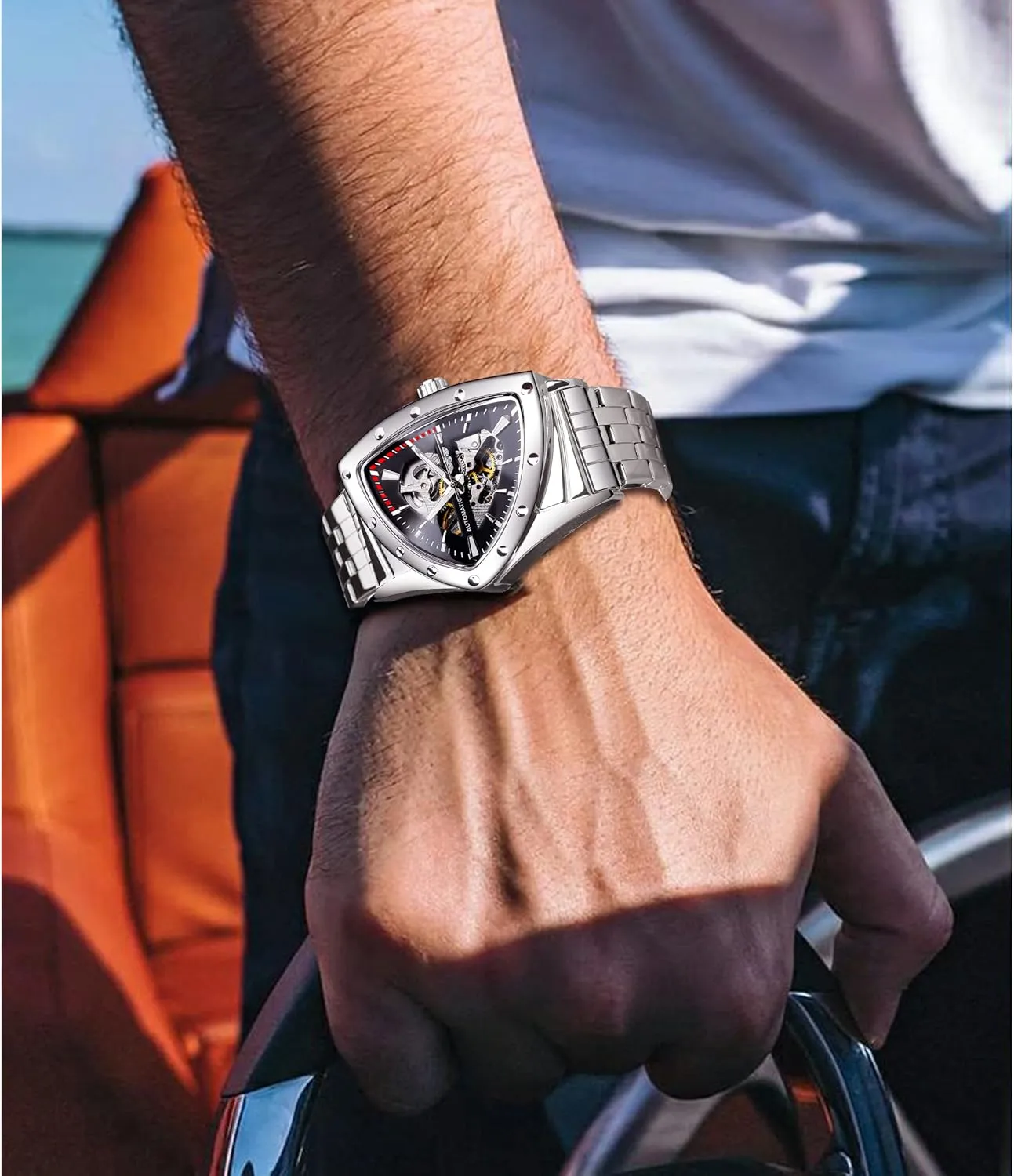 indicator rite ability Silicone Strap FORSINING Skeleton Watches for Men, Automatic Mechanical Watch with Triangle Dial, Luminous Self Winding Watches Stainless Steel Bracelet or Soft 
