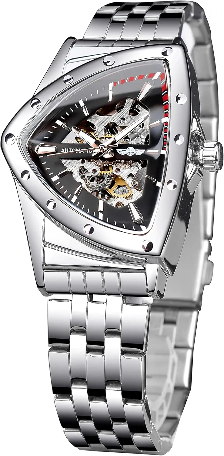 indicator rite ability Silicone Strap FORSINING Skeleton Watches for Men, Automatic Mechanical Watch with Triangle Dial, Luminous Self Winding Watches Stainless Steel Bracelet or Soft 