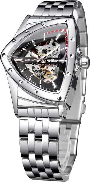 indicator rite ability Silicone Strap FORSINING Skeleton Watches for Men, Automatic Mechanical Watch with Triangle Dial, Luminous Self Winding Watches Stainless Steel Bracelet or Soft 