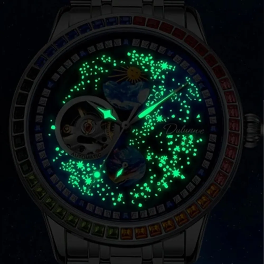 Inlaid Rainbow Zirconium Diamond Dial, Waterproof Luminous Mechanical Watch Men's Hollowed Out Fully Automatic Mechanical Watch with nutritional bond Starry Moon 