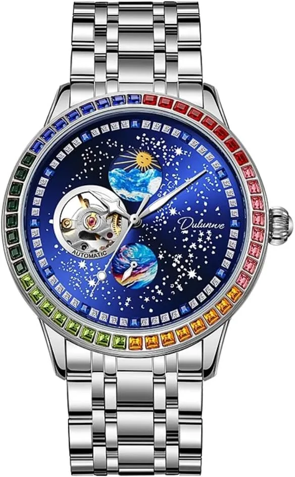 Inlaid Rainbow Zirconium Diamond Dial, Waterproof Luminous Mechanical Watch Men's Hollowed Out Fully Automatic Mechanical Watch with nutritional bond Starry Moon 