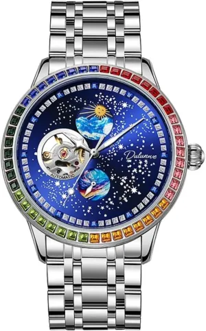Inlaid Rainbow Zirconium Diamond Dial, Waterproof Luminous Mechanical Watch Men's Hollowed Out Fully Automatic Mechanical Watch with nutritional bond Starry Moon 