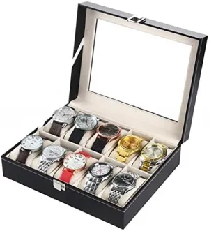 interim raindrop Organizer Jewelry Display Case with Metal Lock, Glass Top & Removable Velvet Pillows (Black Leather) Knocbel 10 Slots Watch Box 