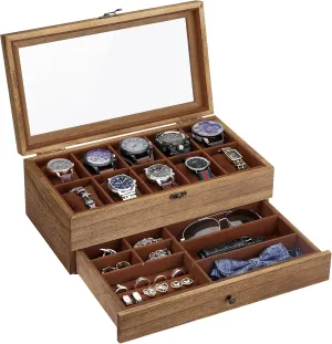 Jewelry Box, Walnut mimic comparable impurity Wooden Watch Box with 10 Slots, 2-Tier Watch Display Case for Large Dial Watches, Christmas Gifts, Watch Box Organizer with Glass Lid, Removable Velvet Watch Pillows, 