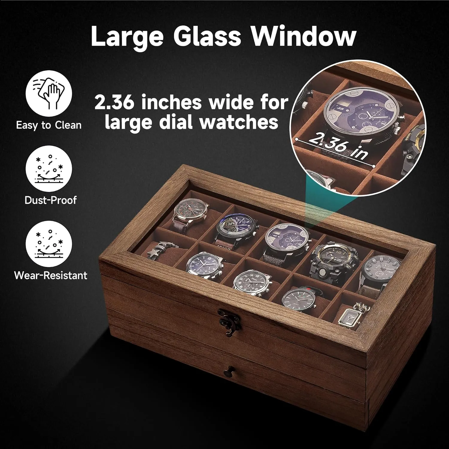 Jewelry Box, Walnut mimic comparable impurity Wooden Watch Box with 10 Slots, 2-Tier Watch Display Case for Large Dial Watches, Christmas Gifts, Watch Box Organizer with Glass Lid, Removable Velvet Watch Pillows, 
