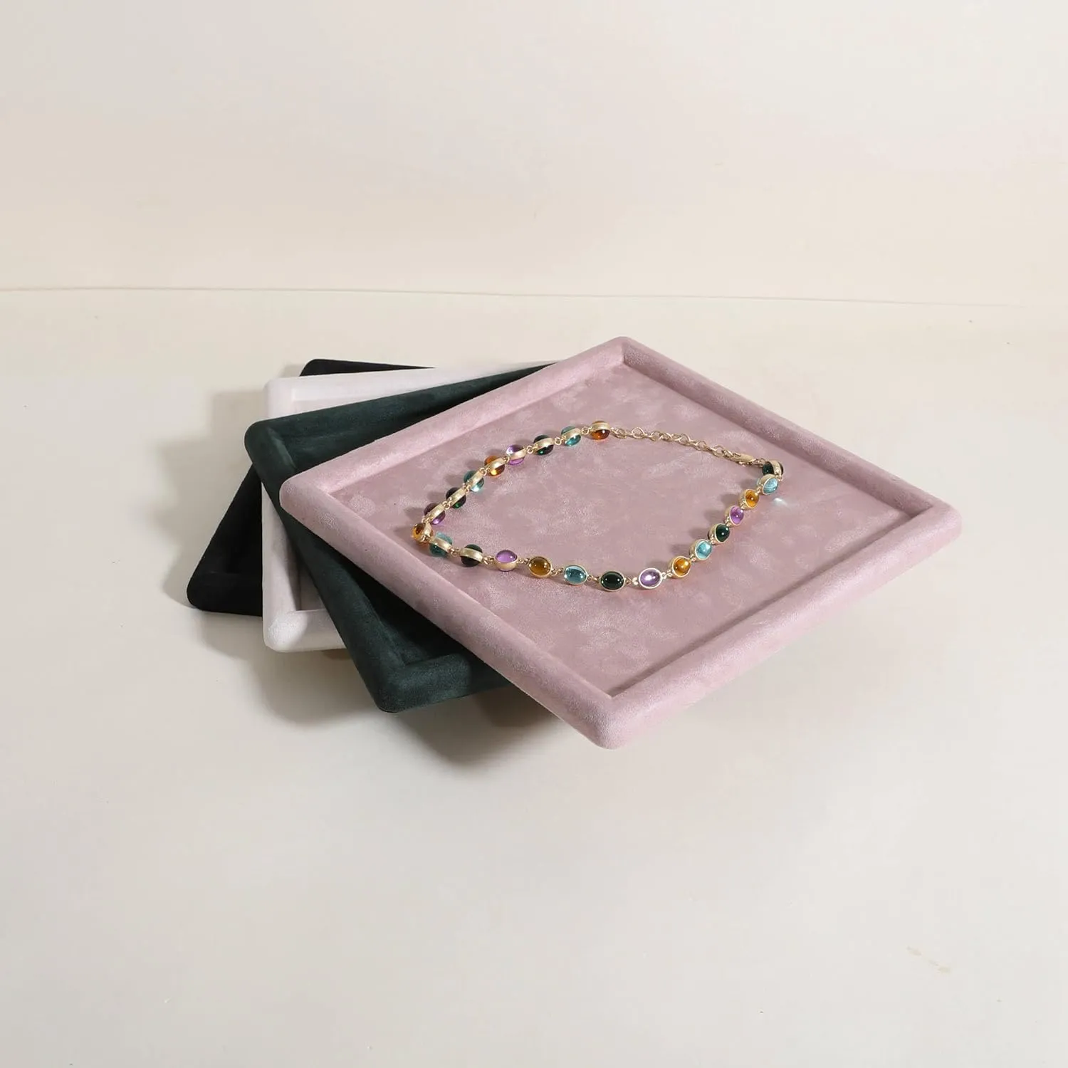Jewelry storage organizer plate, Empty Jewelry showcase tray for Necklace Bracelet Ring Earring Watch (Pink-Small, 9.8 x 9.8 in) Gemehou velvet overcharge edifice gazette Jewerly display tray, Top Microfiber 