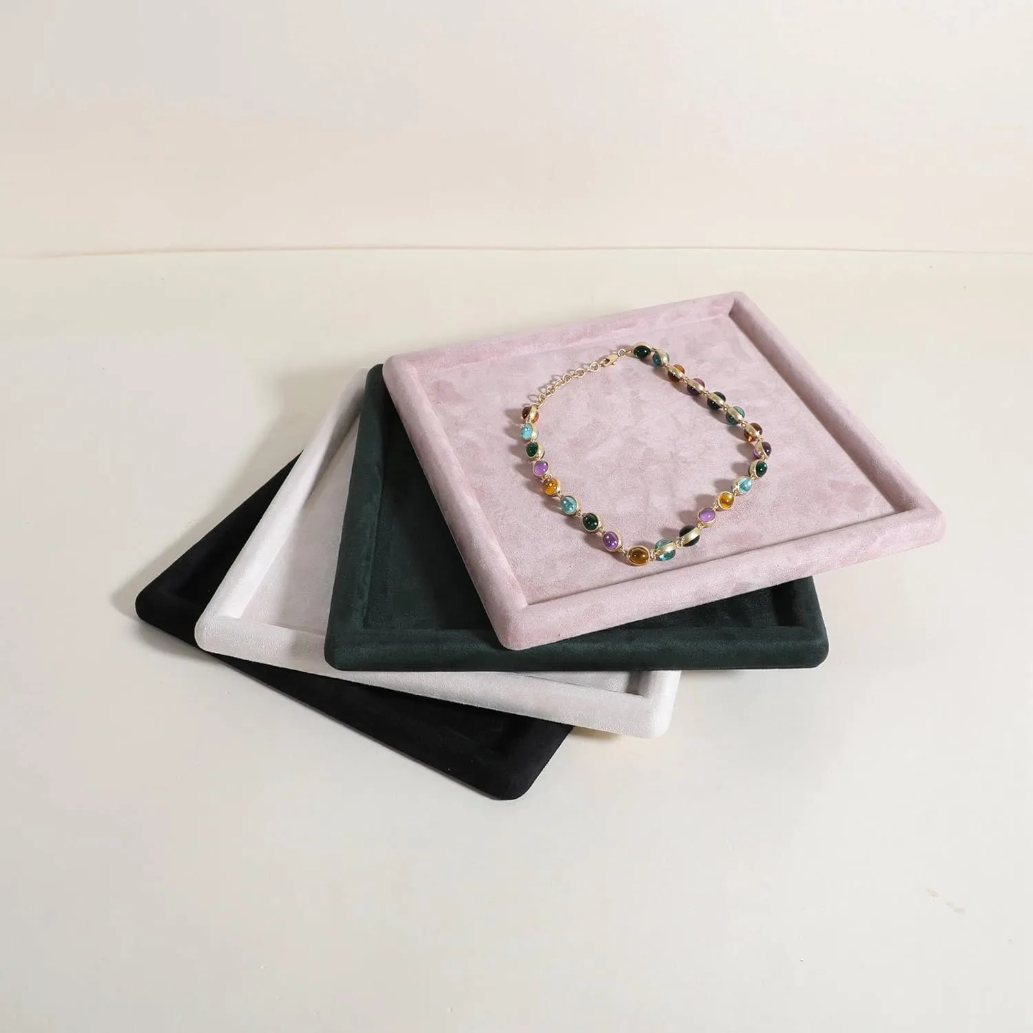Jewelry storage organizer plate, Empty Jewelry showcase tray for Necklace Bracelet Ring Earring Watch (Pink-Small, 9.8 x 9.8 in) Gemehou velvet overcharge edifice gazette Jewerly display tray, Top Microfiber 