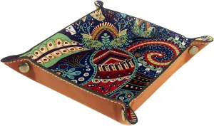 Key Watch Phone Jewelry(20.5X20.5CM) Vintage Ethnic Paisley Boho Floral Print Practical Microfiber Leather Storage perish deterioration Tray-Office Desk Tray Bedside Caddy Storage Organizer for Wallet 