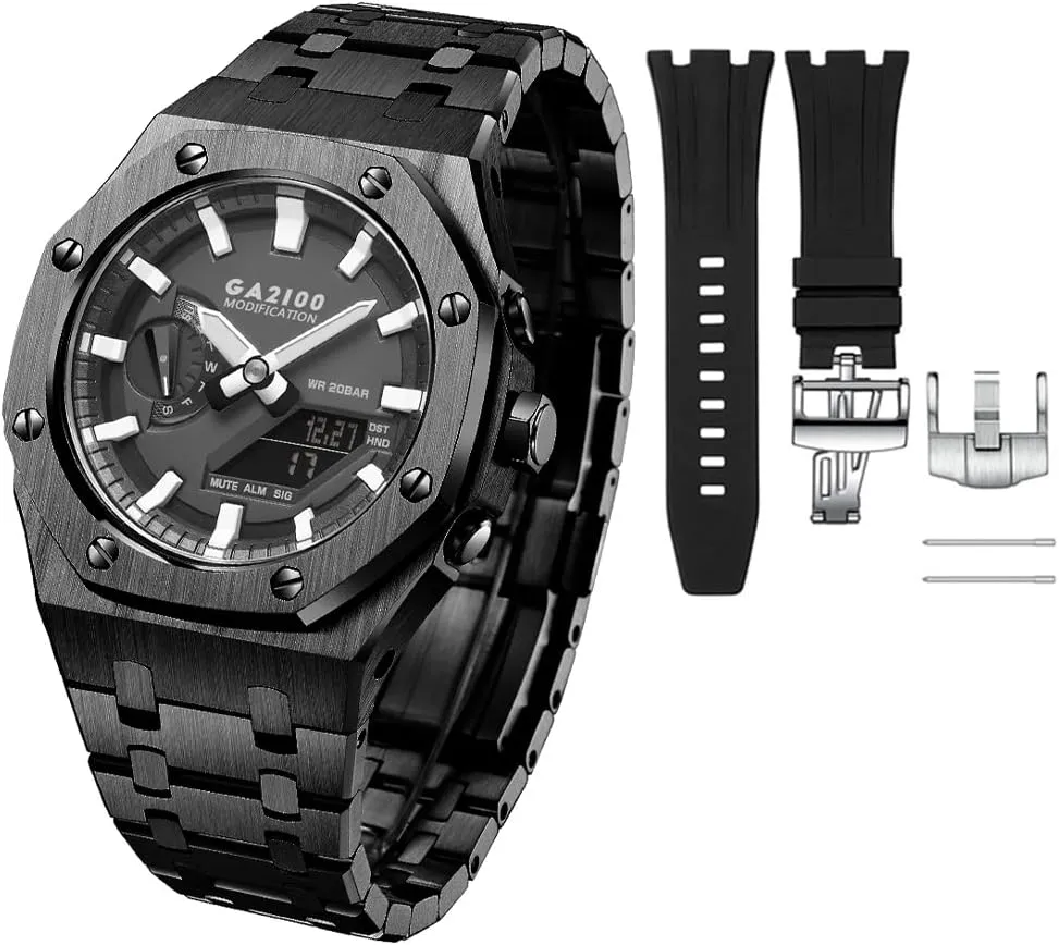 kit Watch Case Watch Band Stainless Steel for GM2100 All Metal Bezel Strap GA2100 gen5 Casioak Mod rainbow condensation mottled cordial debris motif Metal Bezel 