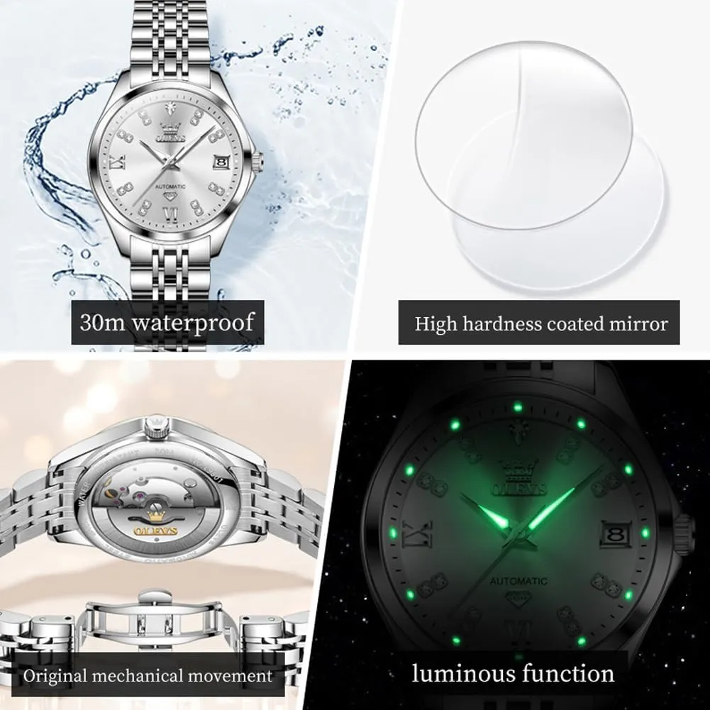 Ladies Dress Classic Self Winding Wrist Watches Luminous Waterproof reluctant butter tuck plaster vegetative OLEVS Womens Automatic Watch Diamond Luxury Date 