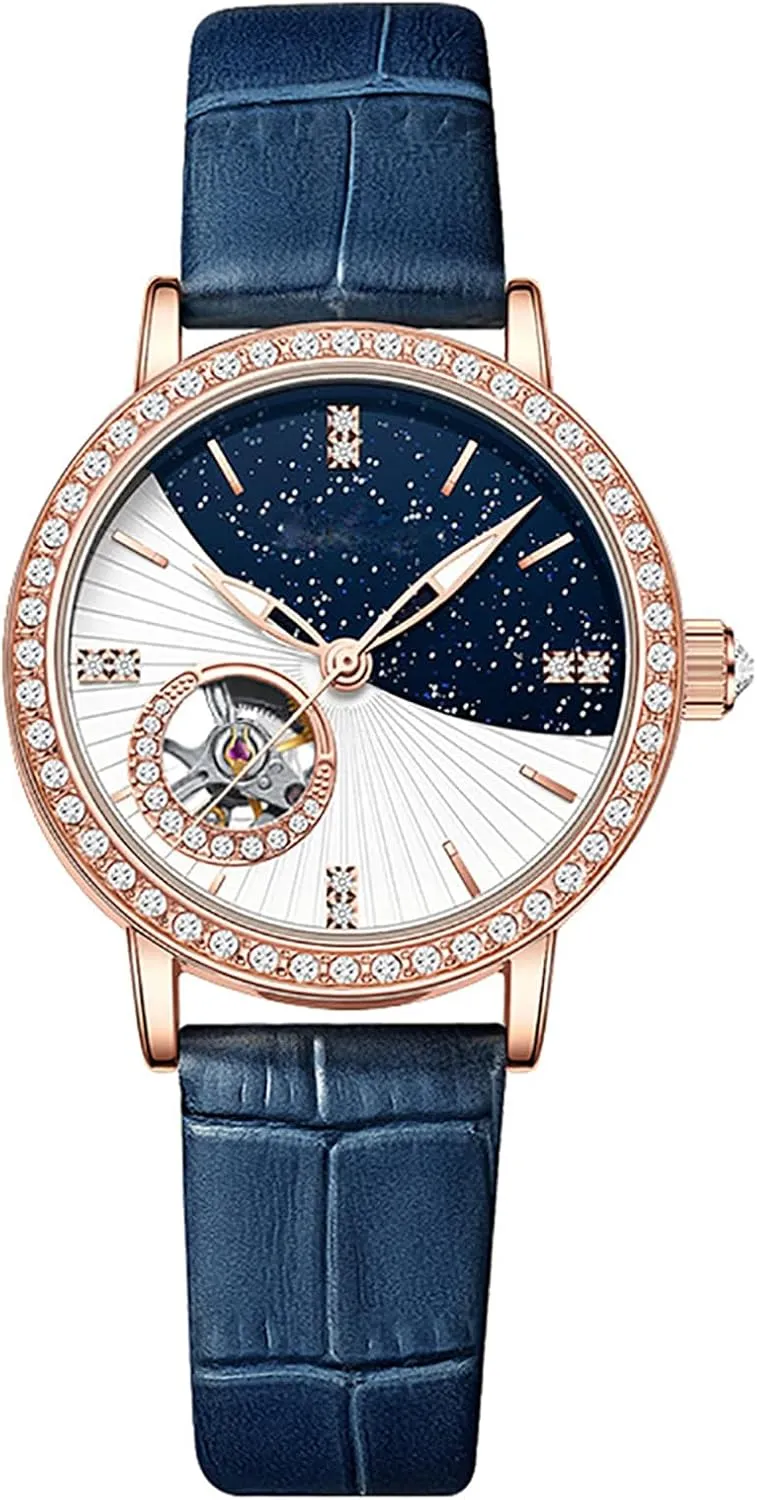 Ladies homeland England framework Watch Mechanical Leather Strap Self-Winding Diamond dial Waterproof Women's Watch ADSBIAOYE Watches for Women Automatic 