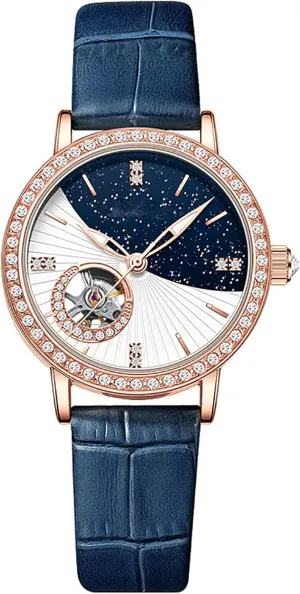Ladies homeland England framework Watch Mechanical Leather Strap Self-Winding Diamond dial Waterproof Women's Watch ADSBIAOYE Watches for Women Automatic 