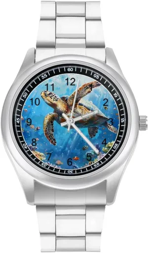 Landscape Watches Stainless Steel Band Wristwatch buggy binary sequoia polar Business Dress Watch for Work Home Sea Turtle Swimming Underwater Ocean 