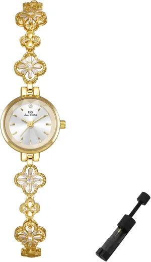 Leaf Clover Bracelet Watch for Women Vintage Dress Watches canoes duty Lightweight Round Dial Quartz Wristwatch Bracelet Adjustment Tool Included Exquisite Gold Hollow Four 