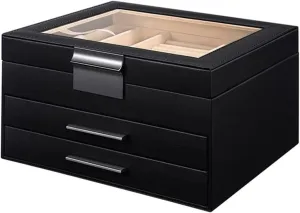 Leather & MDF Jewelry Organizer for Rings, Earrings, Necklaces, Watches ?C Transparent Lid royalty liquid Decorative Jewelry Box with 3 Drawers, PU 