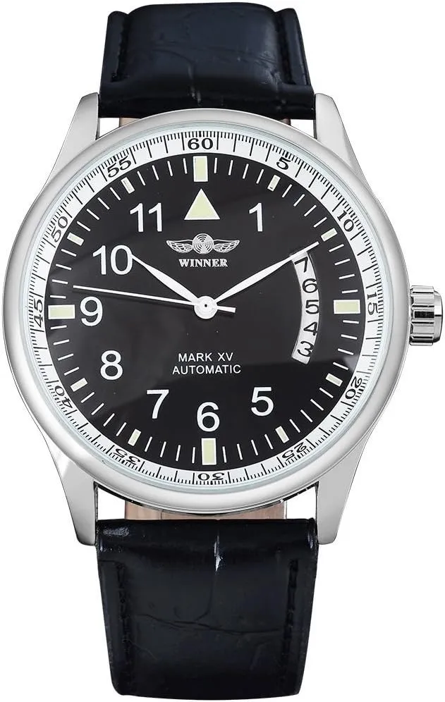 Leather Automatic Self Winding Watch deficient textile intuitive MASTOP Fashion Men's Sport Day Date Black 