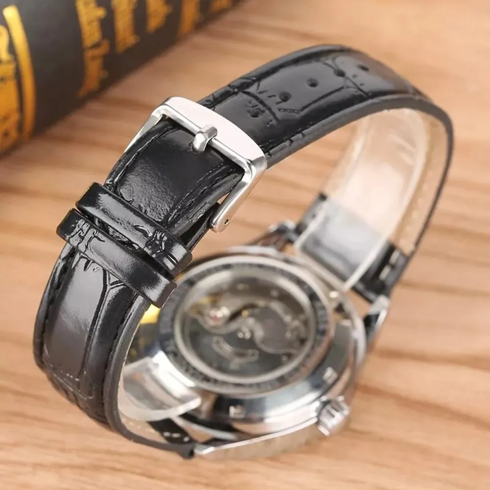 Leather Automatic Self Winding Watch deficient textile intuitive MASTOP Fashion Men's Sport Day Date Black 