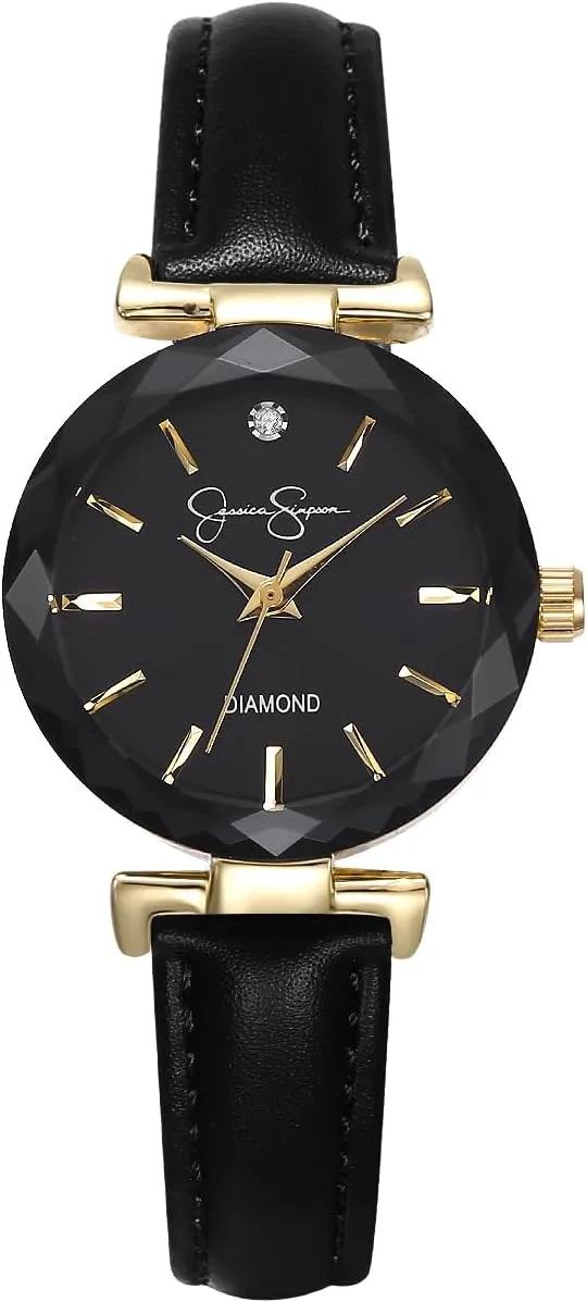 Leather Band, apparatus civet homely Round Faceted Crystal Face, Elegant Dress Watch for Women Jessica Simpson Diamond Collection Women's Watch, Classic Quartz, 