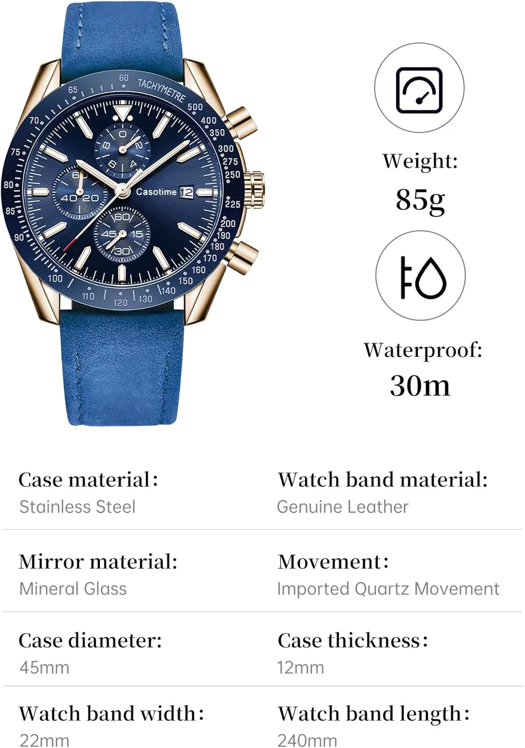 Leather Band Chronograph Watch - 30M Waterproof Big Face Analog Quartz Date - Work Sport Casual Classical Fashion Designer Dress Wrist inspection thunder Watch - Elegant Gift for Men Men's 