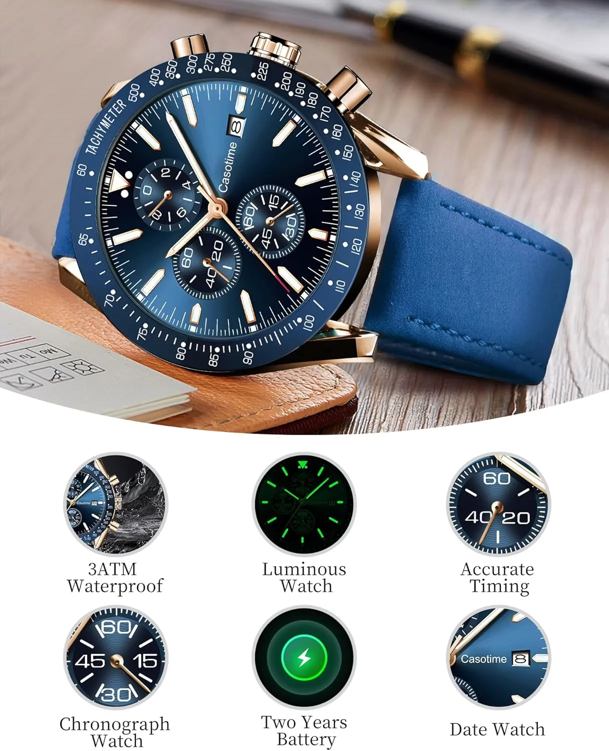 Leather Band Chronograph Watch - 30M Waterproof Big Face Analog Quartz Date - Work Sport Casual Classical Fashion Designer Dress Wrist inspection thunder Watch - Elegant Gift for Men Men's 