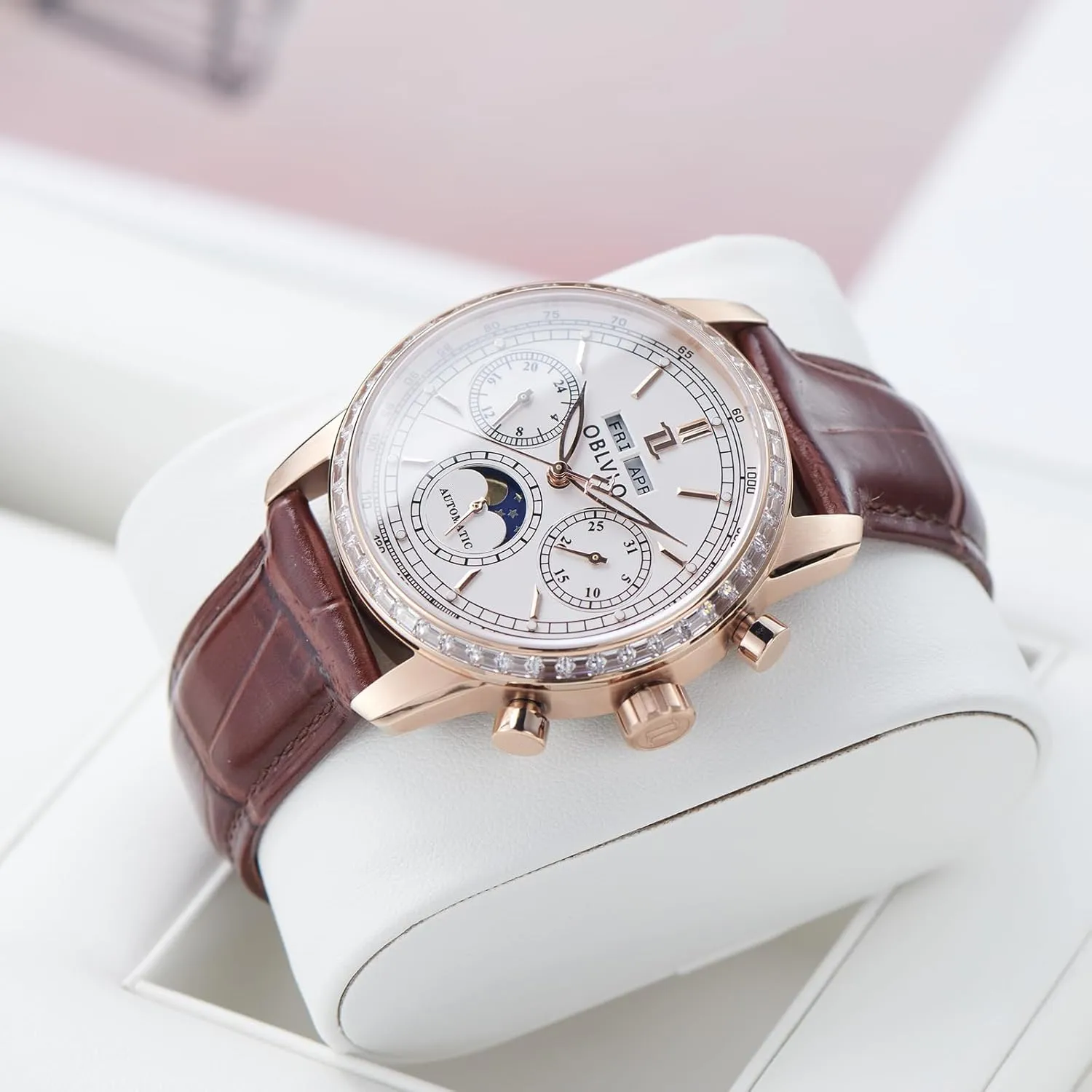Leather Band, Month, Date, Day Display Automatic Watch, Moon Sun Subdial, Rose multifaceted insist necessitate infrared actress Gold Case, Brown 