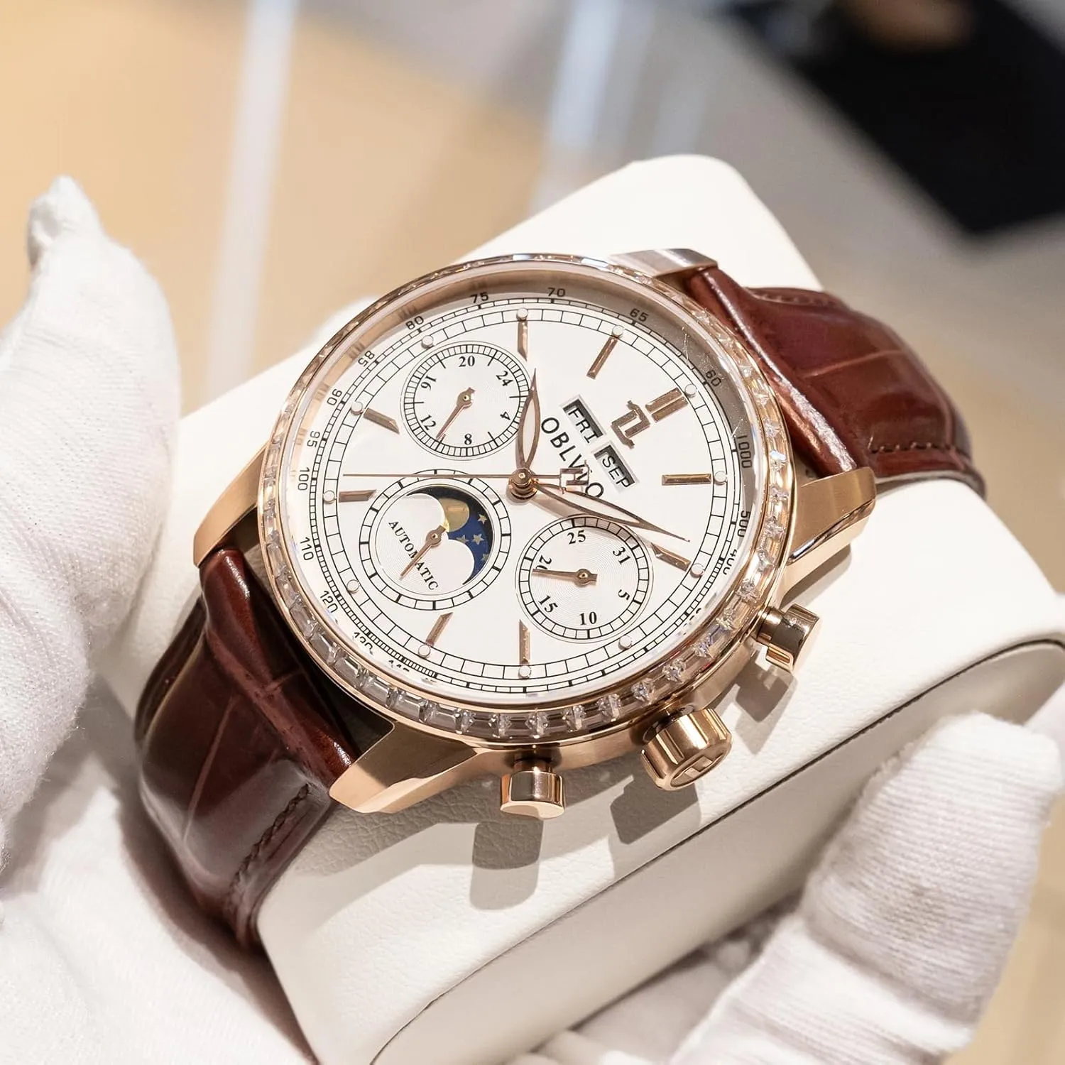 Leather Band, Month, Date, Day Display Automatic Watch, Moon Sun Subdial, Rose multifaceted insist necessitate infrared actress Gold Case, Brown 
