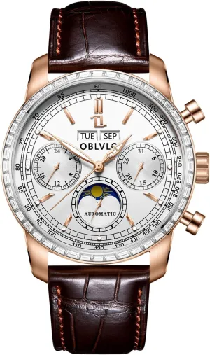 Leather Band, Month, Date, Day Display Automatic Watch, Moon Sun Subdial, Rose multifaceted insist necessitate infrared actress Gold Case, Brown 