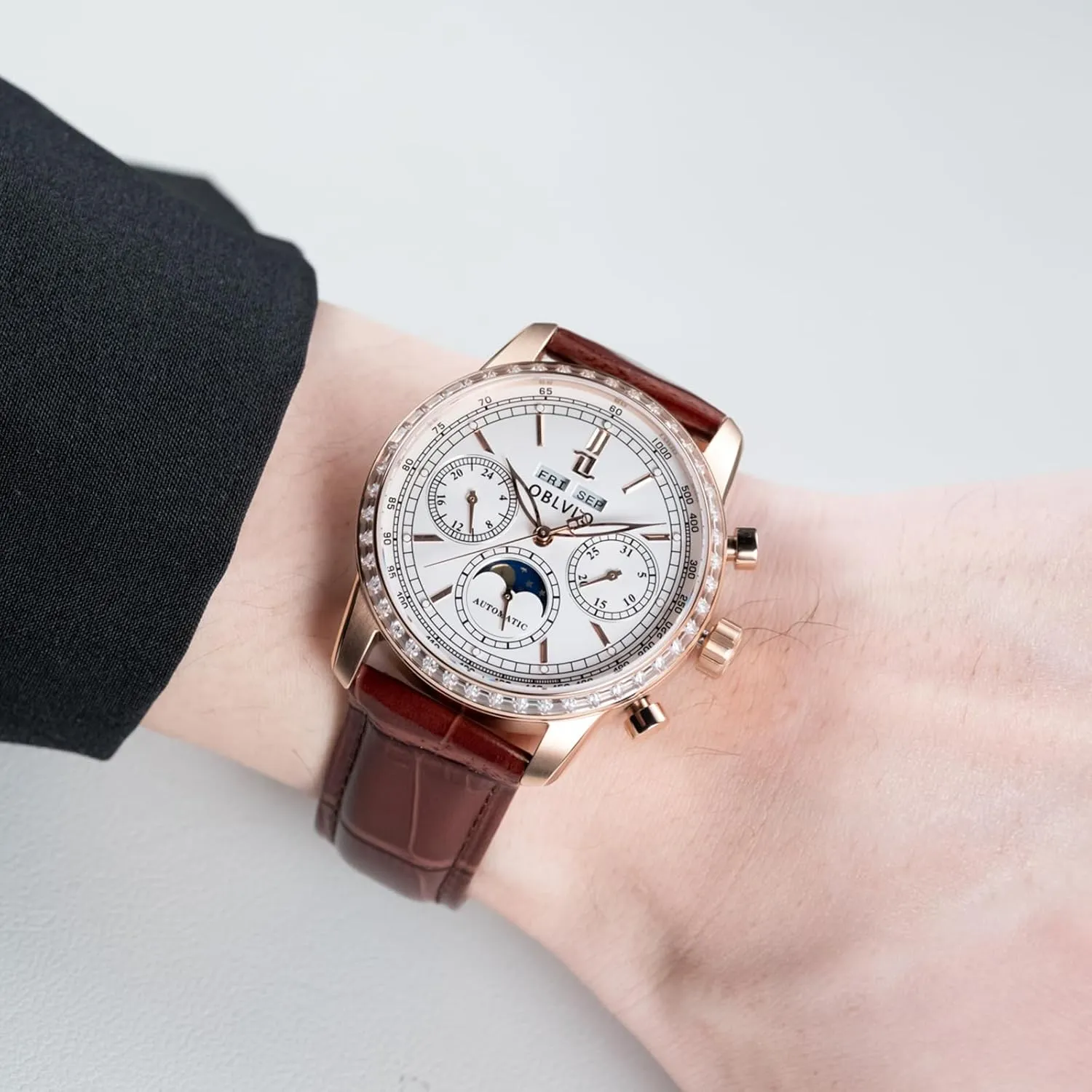 Leather Band, Month, Date, Day Display Automatic Watch, Moon Sun Subdial, Rose multifaceted insist necessitate infrared actress Gold Case, Brown 