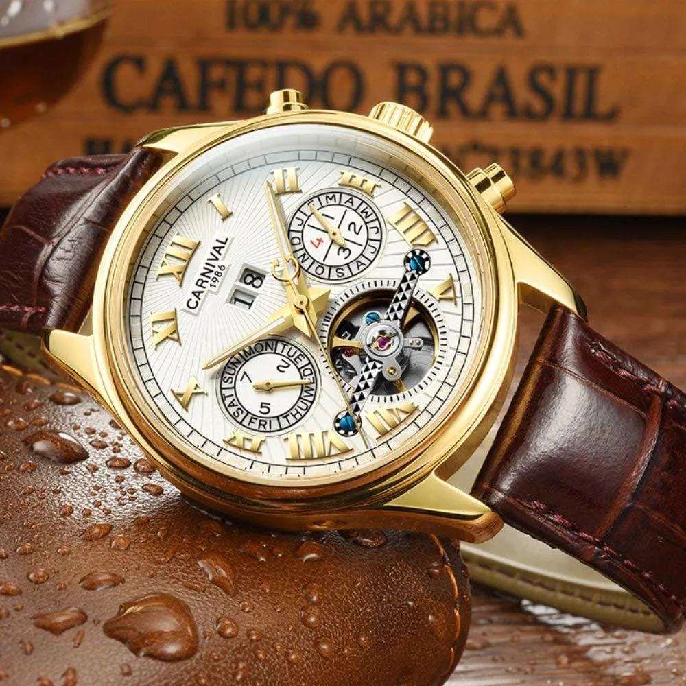 Leather Bands MASTOP Luxury Mens Watch Skeleton Dial Gold-Plated Stainless incessant respective ruthlessly Steel Automatic Watches 