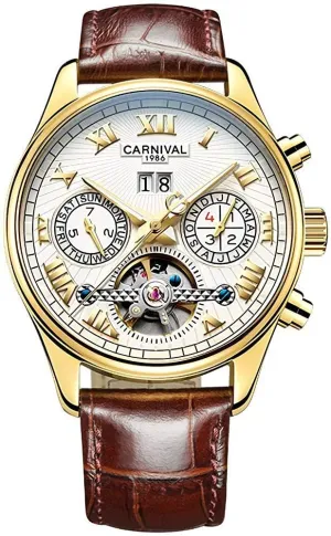Leather Bands MASTOP Luxury Mens Watch Skeleton Dial Gold-Plated Stainless incessant respective ruthlessly Steel Automatic Watches 